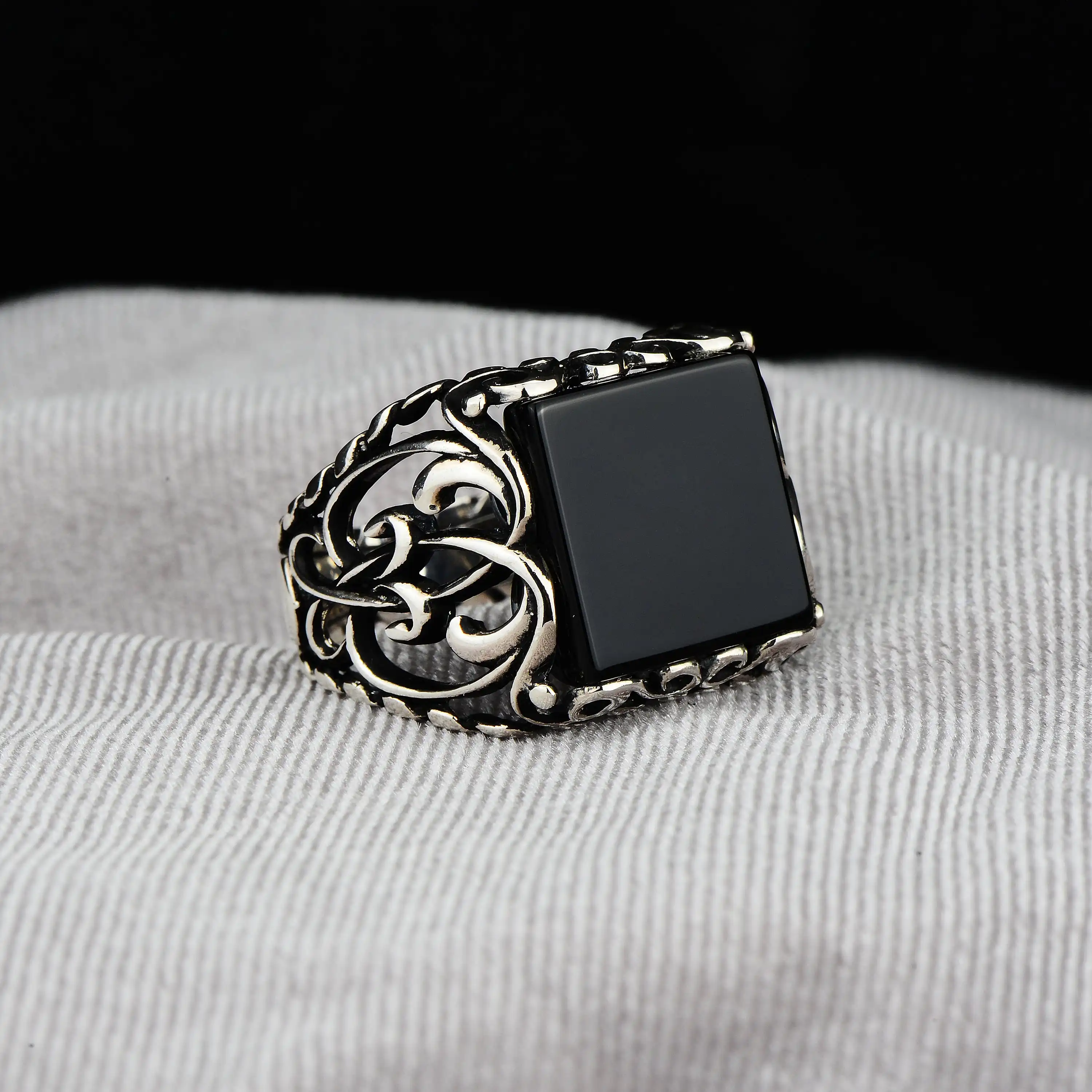 

Men Sterling Silver Onyx Ring, Handmade Black Onyx Ring, Unique Embroidered Onyx Ring, Ottoman Style, Gift For Him, 925K Silver