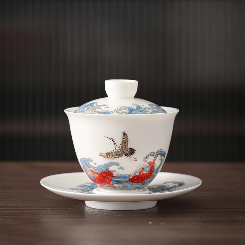 Suet jade crane Chinese ceramic gaiwan tea tureen cloud teaware cup Chinese fish tea bowls vintage chawan ceramony set