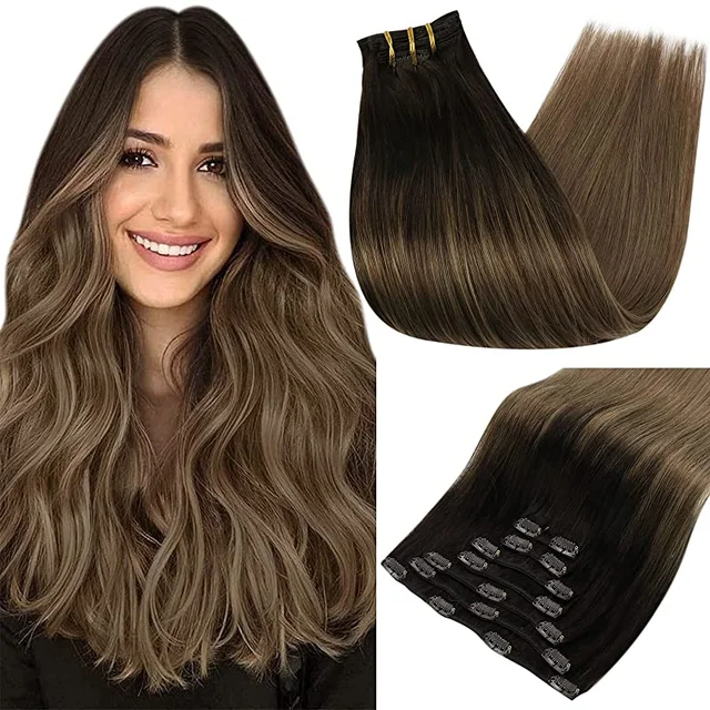 Full Shine Clip In Human Hair Extensions Balayage Ombre Blonde Black Hairpins 7pcs 120g Double Weft 100% Machine Remy For Woman 2 8