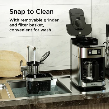 Petrus Automactic Coffee Machine Drip Coffee Maker Stainless Steel 10-cup With Built-In Grinder and Brew Strength Control 5