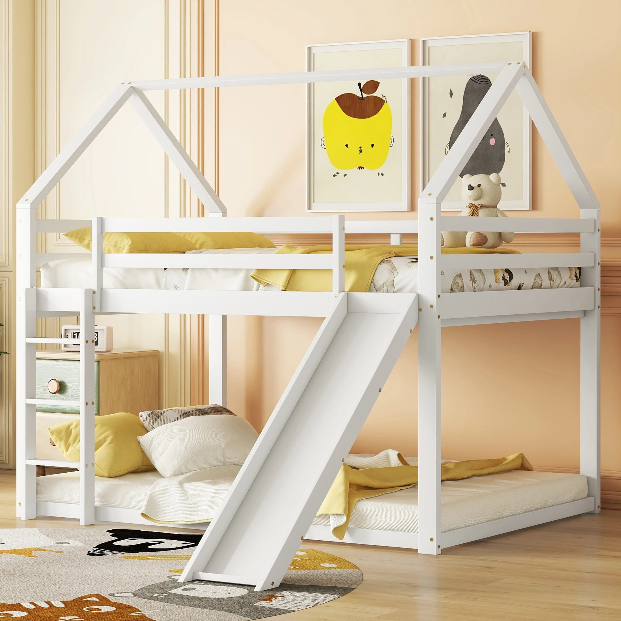 Lupperside bed for child 140x200 cm, bed 2 place with slide, ladder and slatted frame drop protection, White 1