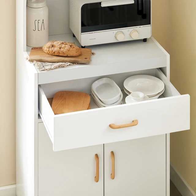 SoBuy ® FSB12-W Armadio microonde con rotolo Armadio da cucina Carrello da cucina Carrello per bevande con 2 ripiani, 2 ante e 1 cassetto 2