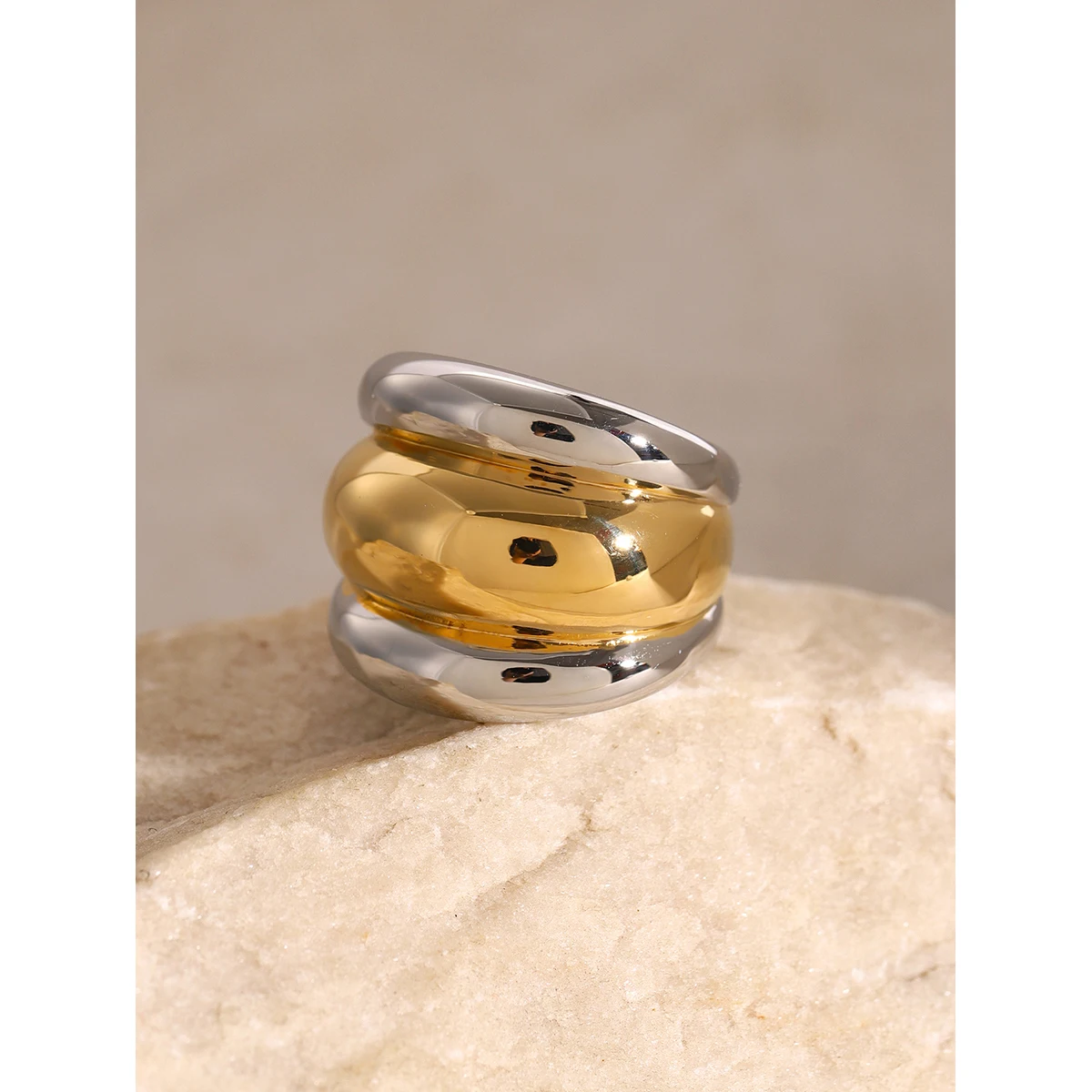 Uworld Stainless Steel Layered Metal Texture Ring Occident Simple Silver Gold Mixed Finger for Women Jewelry кольцо женское 5