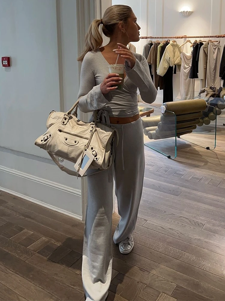 Absobe Autumn Winter Loose Pants Leisure Suit Women Flare Sleeve Crop Cardigan Top Lace-up Solid 2 Piece Set Fashion Outfit 5