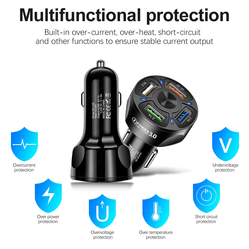 48W USB Car Charger 4 Ports Fast Charging Car Phone Charger Adapter For iPhone Samsung Xiaomi Huawei Quick Charge In