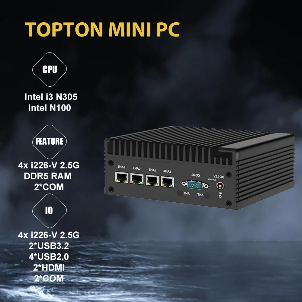 

Fanless Firewall Mini PC 12th Gen Intel i3 N305 N100 Soft Router 4x i226-V 2.5G DDR5 2*COM Industrial Computer Efficient cooling