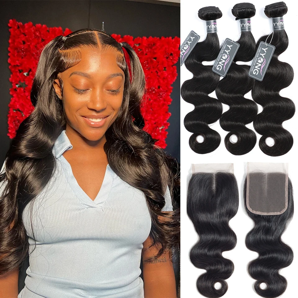 

Yyong Body Wave Bundles With Closure Malaysian Hair 3/4 Bundles With Lace Closure 4x4 Remy Weaves Human Hair Bundle With Closure