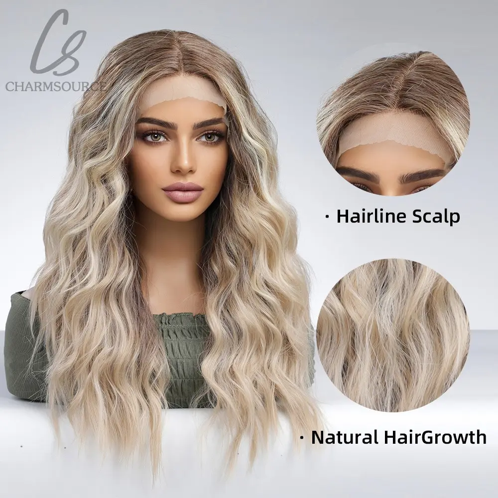 Lace Front Wig Long Brown Ombre Highlight Blonde Hair Body Wavy Synthetic for Women Daily Use High Density for Lace Front Wig Lace Wigs Synthetic Wigs Womens Synthetic Wigs