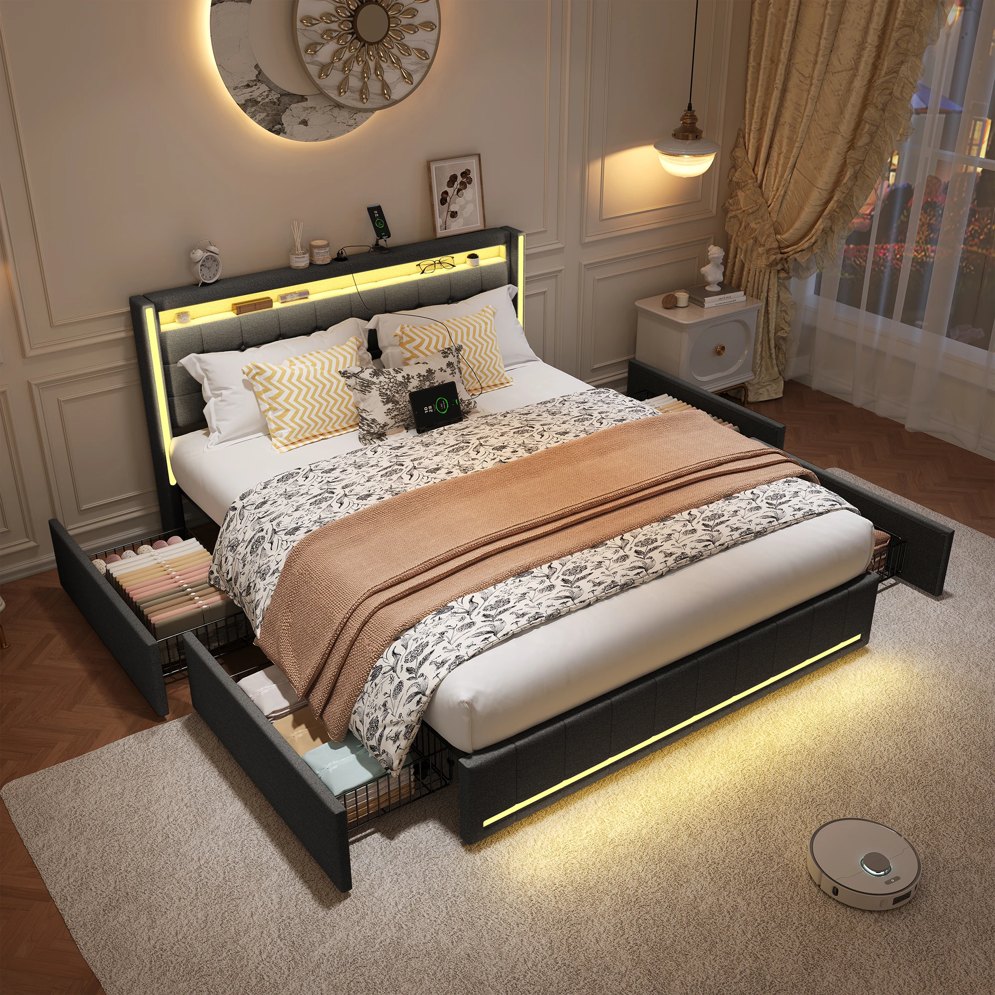 Anajqaqia Gepolstertes Doppelbett mit 4 Schubladen, Stauraumbett mit LED und USB-Aufladung, Bettrahmen mit Lattenrost, Leinen – Detail 6