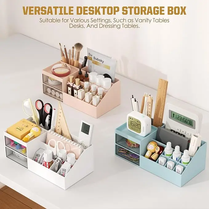 Multi-drawer makeup organizer. White plastic design for brushes and cosmetics. Fits countertops or vanities. 5