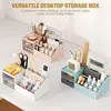 Multi-drawer makeup organizer. White plastic design for brushes and cosmetics. Fits countertops or vanities. 5