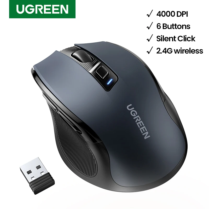 UGREEN-Mouse ergonômico sem fio, mouse silencioso para MacBook, Tablet, Laptop, Mouse mudo, silencioso, 4000 DPI, 6 botões, 2.4G
