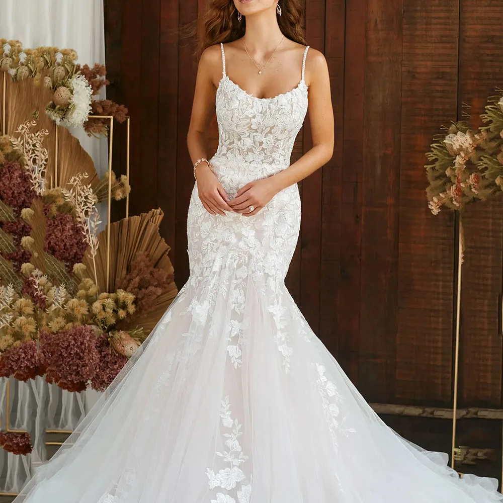 

Exquisite Lace Mermaid Wedding Dresses Tulle Scoop Neck Bride Gowns Backless Spaghetti Straps Bridal Dress Vestidos De Noiva