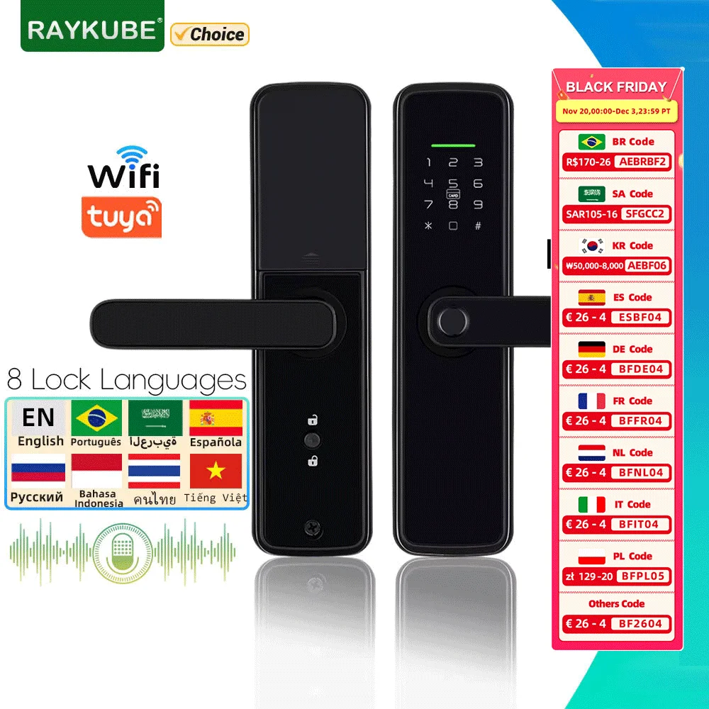 RAYKUBE K11 Tuya WiFi Biometric ลายนิ้วมือล็อคดิจิตอลประตูไฟฟ้าล็อค 8 ล็อคภาษารหัสผ่าน/คีย์/การ์ด/APP ปลดล็อค 1