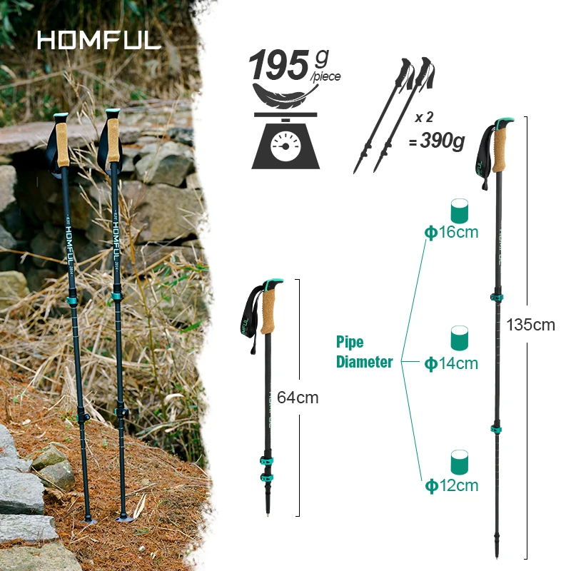 Homful Nordic 195g/pc Trekking poles Walking sticks Alpenstock Telescopic ultralight  Premium Carbon Adjustable with Quick Lock 4