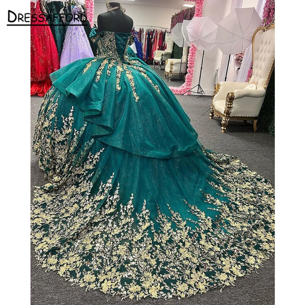 

Охотничье зеленое бальное платье с бисером, платья для Quinceanera, с аппликацией, с открытыми плечами, вырезом, блестками, искусственный атлас, милое