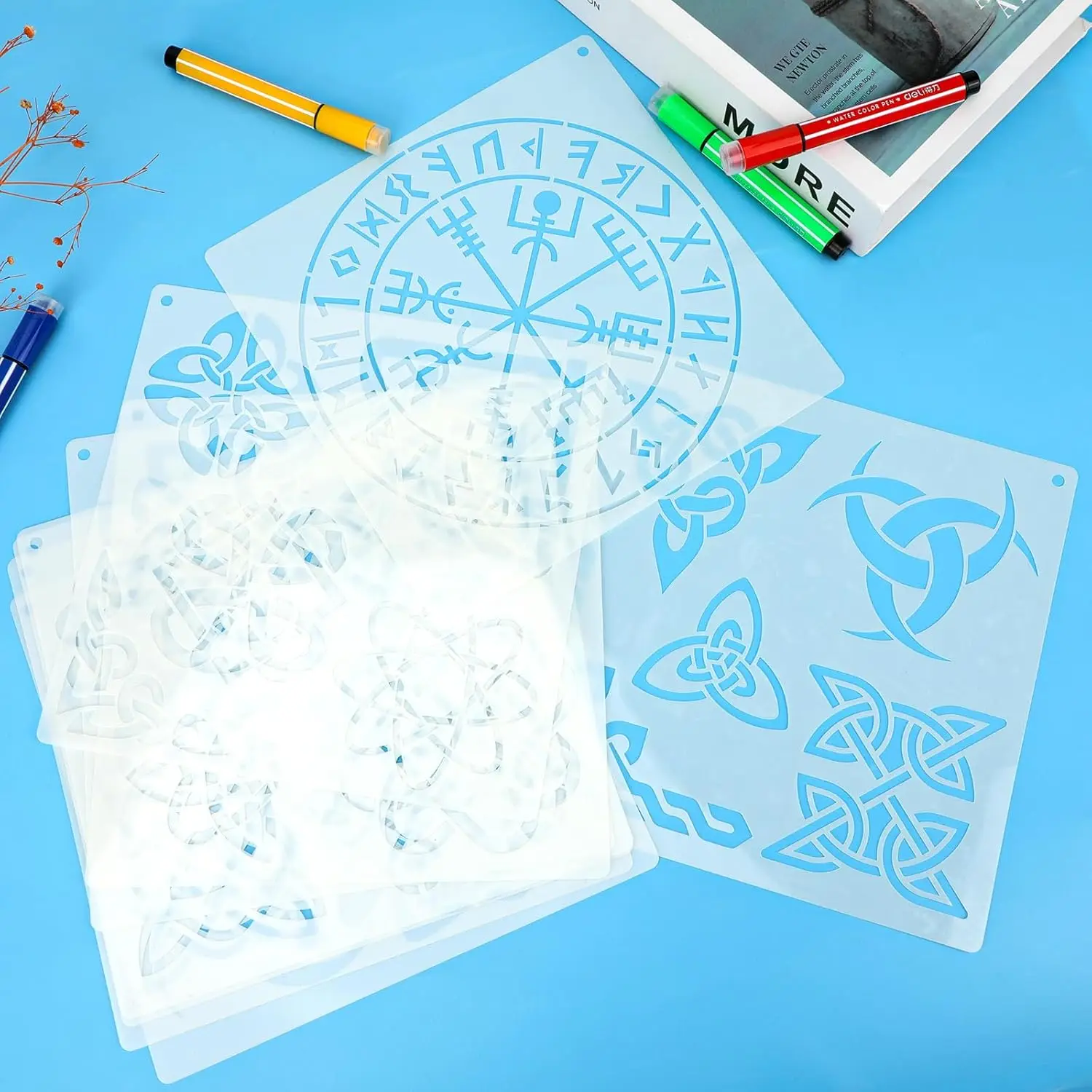 9PCS 11.8×11.8인치 켈틱 매듭 패턴 페인팅 스텐실 세트 DIY 공예 벽 나무 직물 장