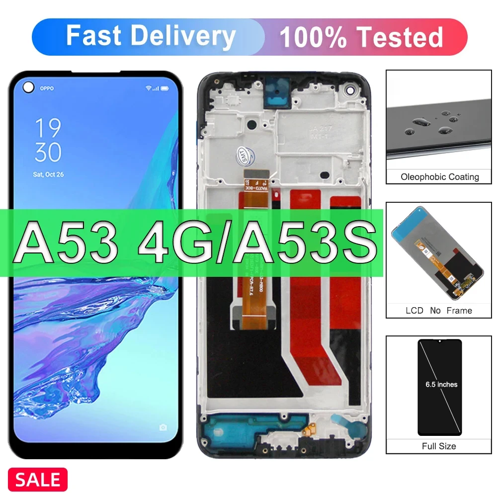SRJTEK Schermo Di Ricambio Con Telaio Per Oppo A53, A53S 4G E A32 - Display LCD 6,5'' Con Kit Di Riparazione (Nero)