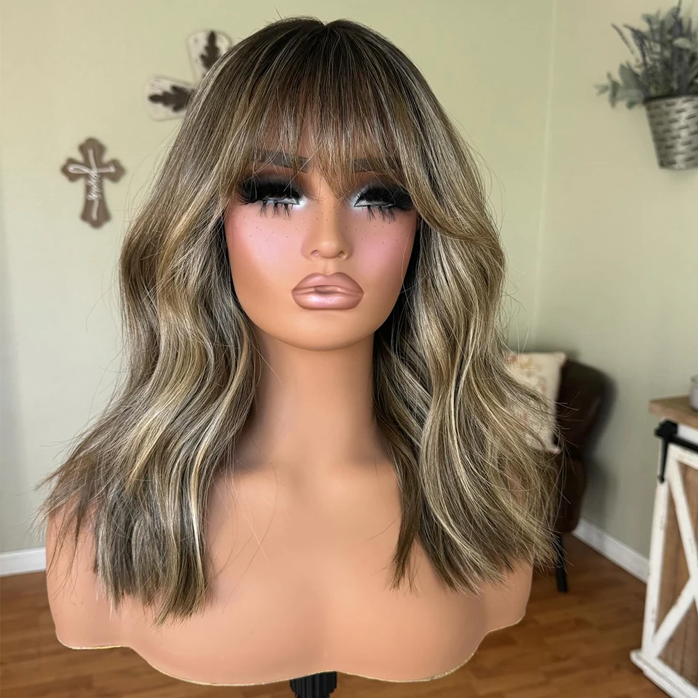 18" Blonde Wig with Full Fringe Bangs Balayage Virgin Human Hair Lace Front Wig 150 Density HD Invisible Lace MultiPart