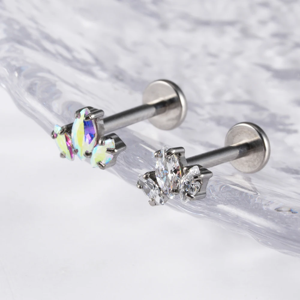 Right Grand ASTM F136 티타늄 트리플 후작 CZ Labret 플랫 백 립, Tragus Daith 헬릭스 이어 연골 스터드 귀걸이 피어싱
