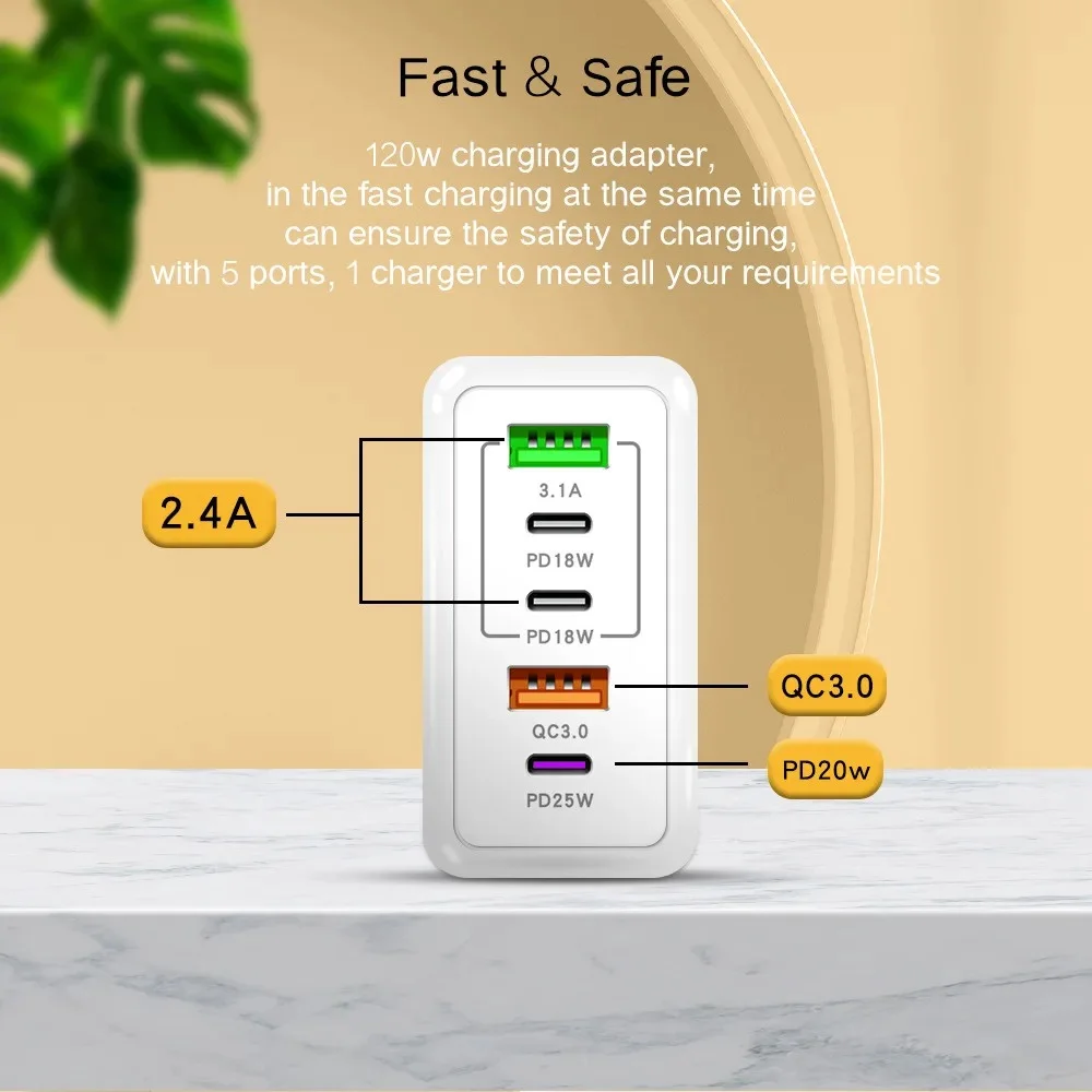 120W USB Charger 5 Ports Type C Fast Charging EU/US/UK Wall Charger Adapter For