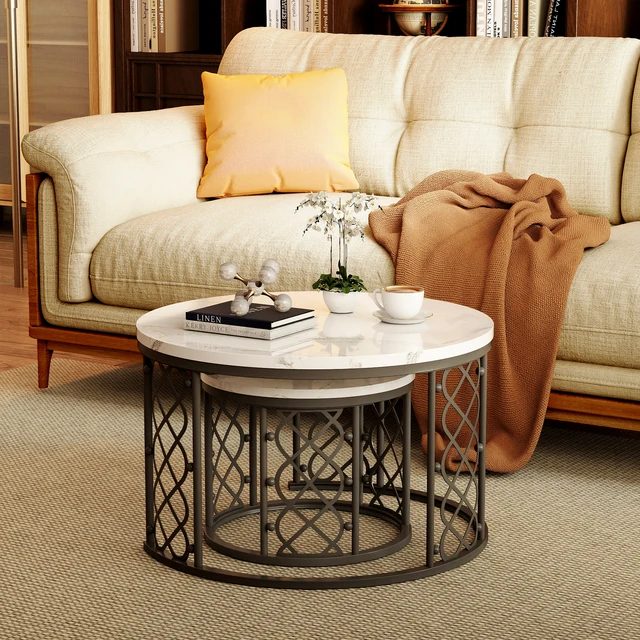 Ensemble de 2 tables basses en forme de cœur avec aspect marbre, tables d'appoint décoratives modernes, adaptées aux salons et aux bureaux 1
