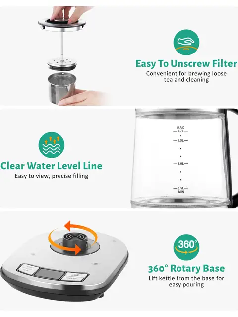 CACHOO Electric Kettle Temperature Control - 1.7L Glass Tea Kettle Electric with Infuser, 60Min Keep Warm & Automatic Shut Off 6