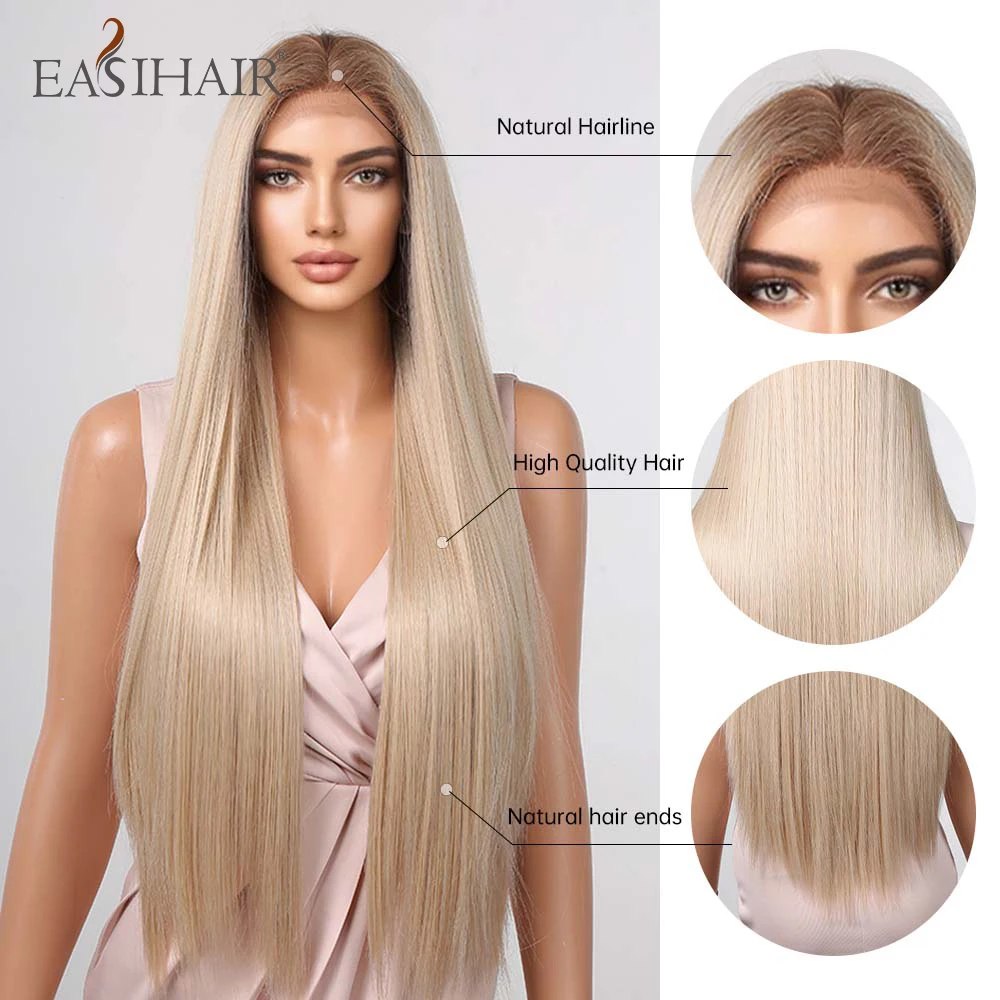 

EASIHAIR Brown Blonde Ombre Lace Front Wigs Super Long Straight Natural Synthetic Wigs for Women Lace Frontal Wig Heat Resistant