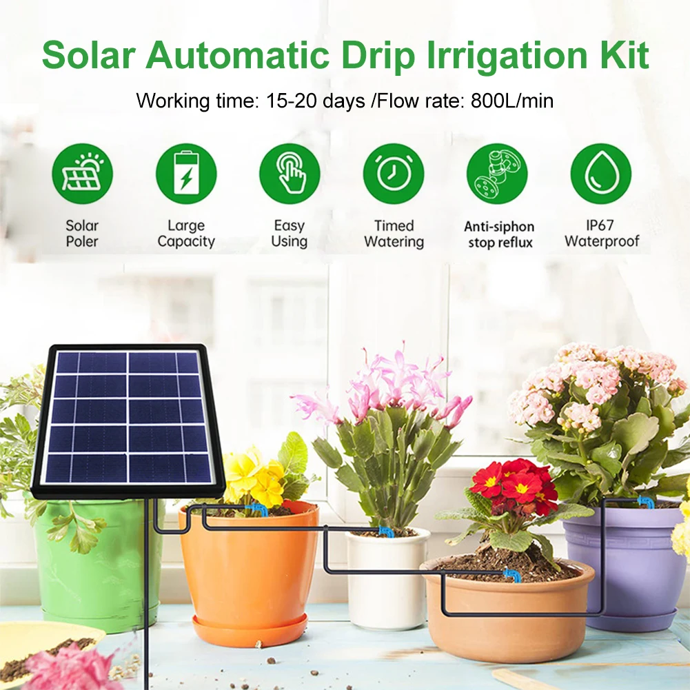 Solar Drip Irrigation Kit Anti-siphon Solar Powered 1-600s Timer Automatic Irrigation System for Indoor Garden Balcony 15 Pots