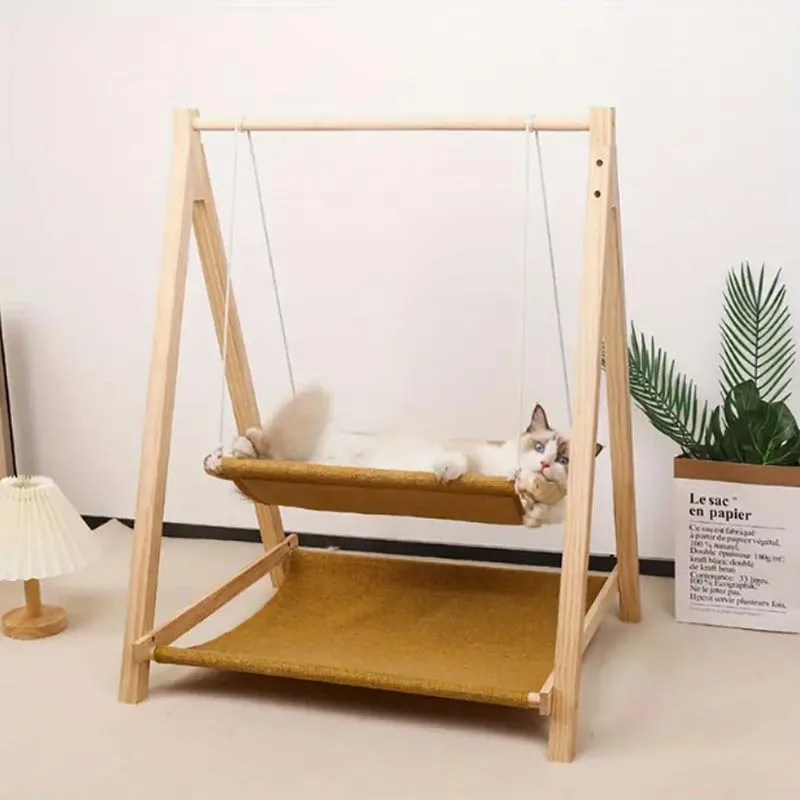 Cozy Dual Level Wooden Cat Swing Bed