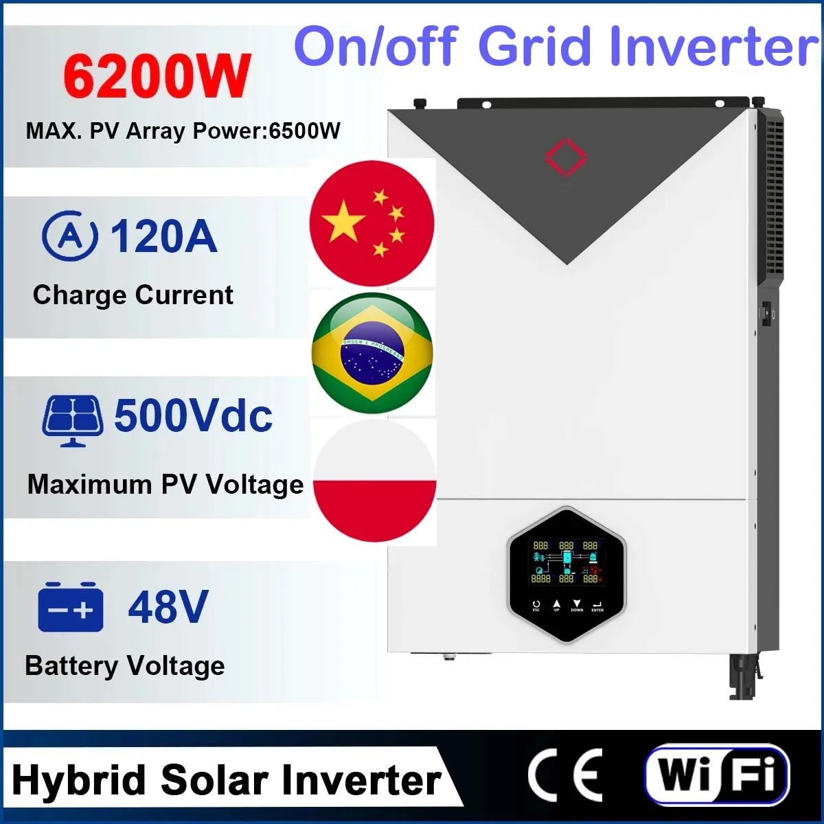 6200W 6.2Kw Inverter Solare On-Grid/Off-Grid Onda Sinusoidale Pura 48V Dc Input Mppt 120A Carica Solare Max Pv Power 6200W/6500W