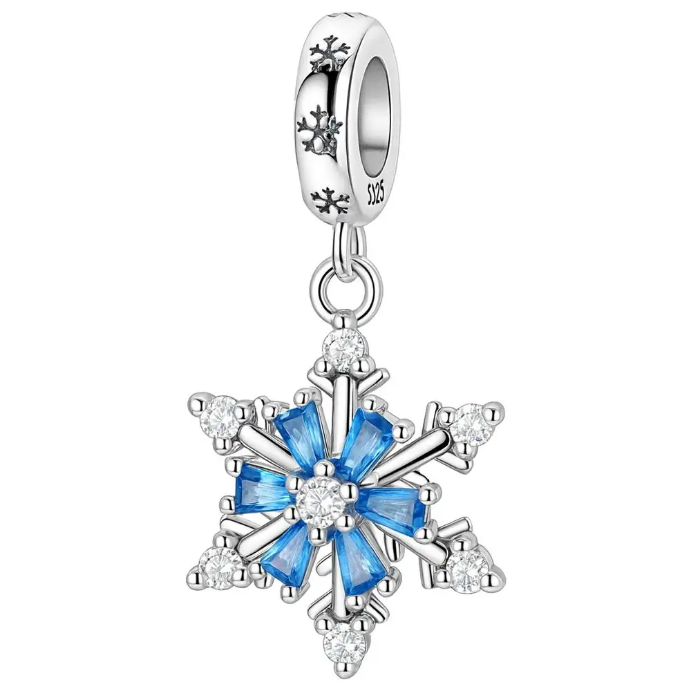 Charm copo de nieve plata S925, MXXNX-001, 1Pza, Plata S925 Chapa, Colgante/Giratorio, Copo de Nieve, Plata/Azul, Caja Negra 4x4cm.