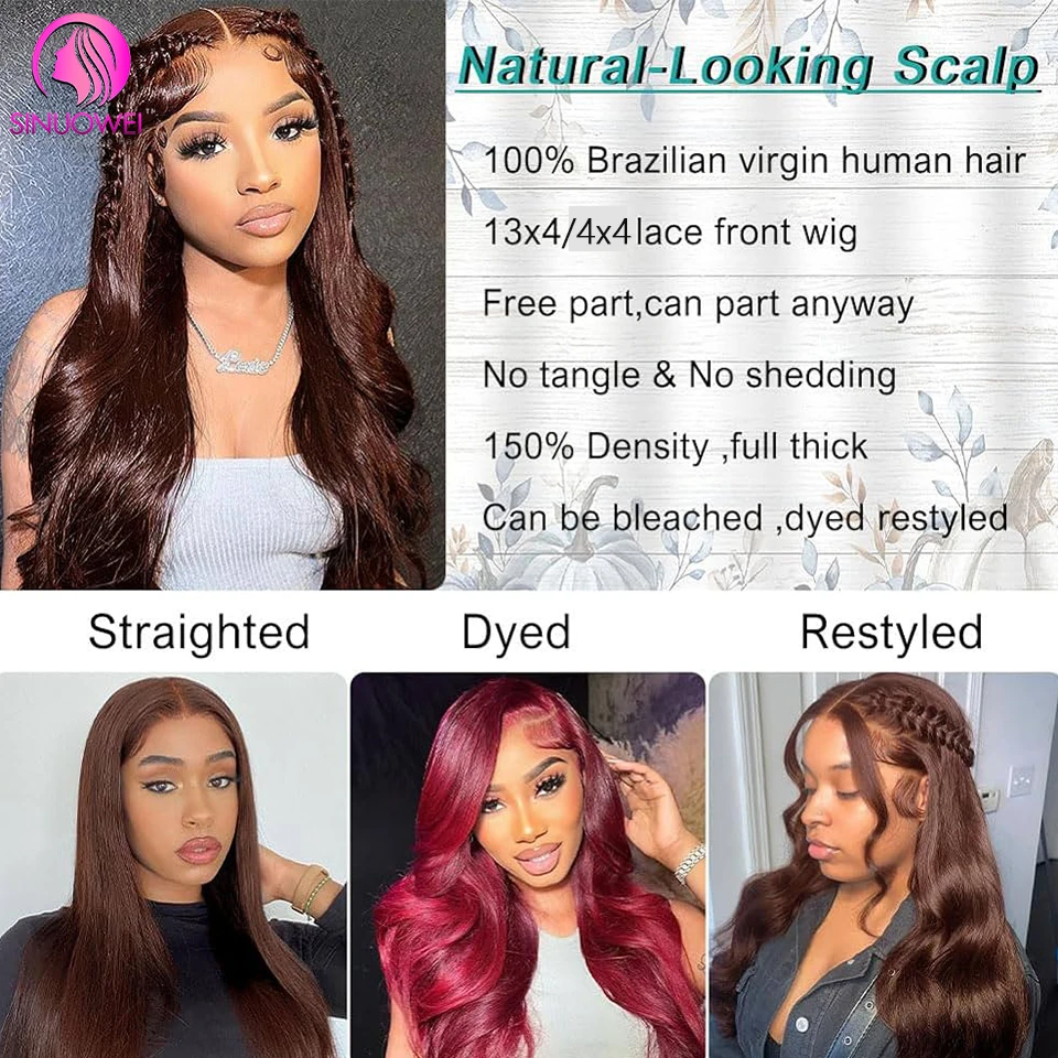 Body Wave Chocolate Brown 13X4 Lace Front Wigs 180% Density Transparent Lace Frontal Wig Colored Remy Human Hair Wig For Women