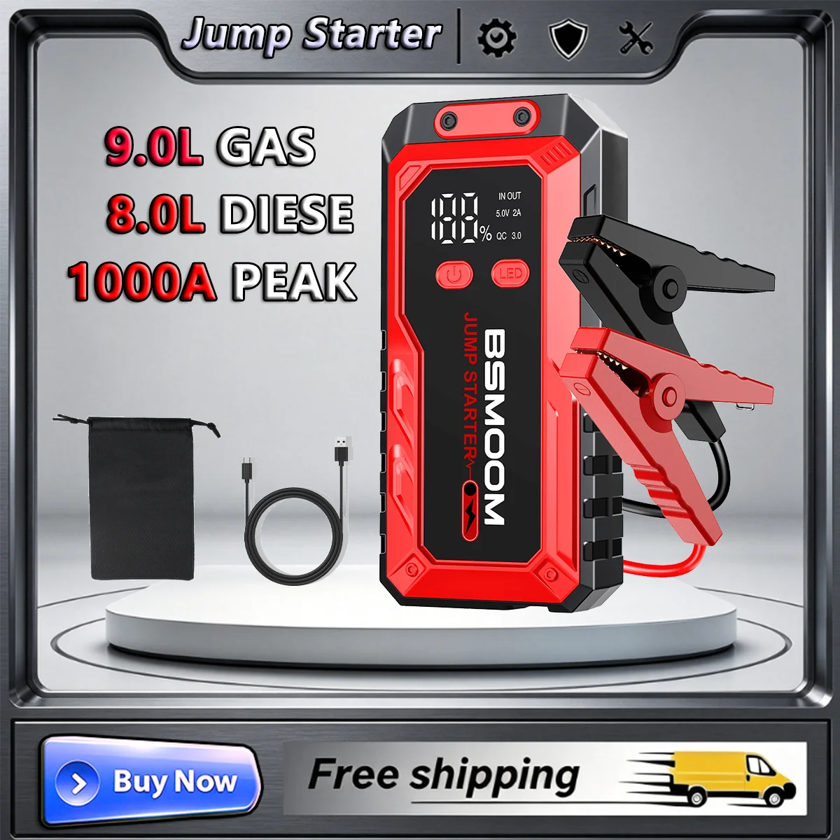 Démarreur de voiture 1000A Peak pour moteurs essence 9.0L et moteurs diesel 8.0L, batterie externe portable, écran LCD et indicateurs LED avec lampe torche. 1