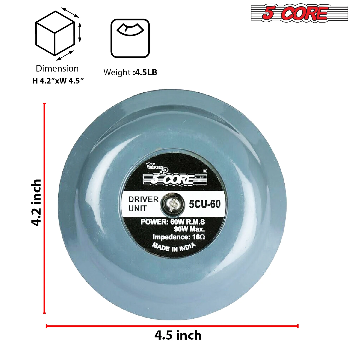 5 Core Compression Driver 2" Horn Tweeter 600W Titanium Diaphragm 16 Ohms 18 TPI All Weather Use 5