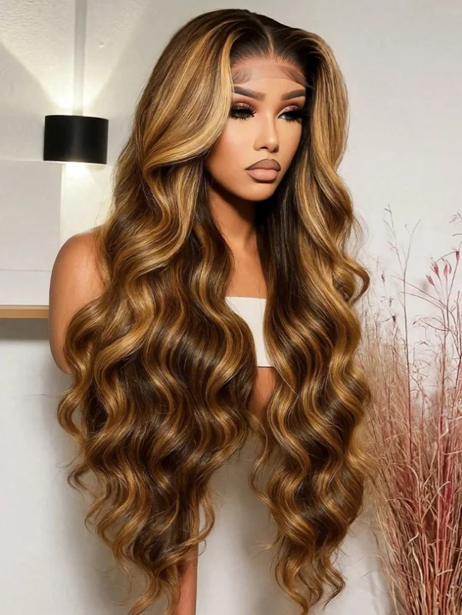 34 Inch13x4 Honey Blonde Ombre Lace Front Wigs Human Hair Pre Plucked 200 Density 4/27 Highlight Colored Body Wave Frontal Wigs 1