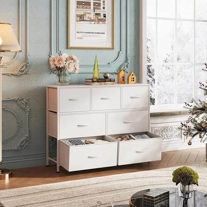 7-Drawer White Dresser - Fabric Storage Tower with Steel Frame & Wood Top for Bedroom/Entryway 2