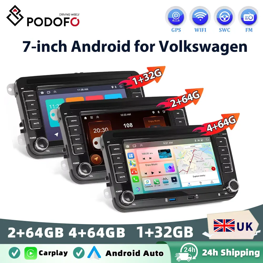 Podofo 2 Din 7'' MP5 Car Radio FM Mirrorlink Carplay Android Auto Car Stereo For Volkswagen VW CC Passat B7 Polo Golf 5 6