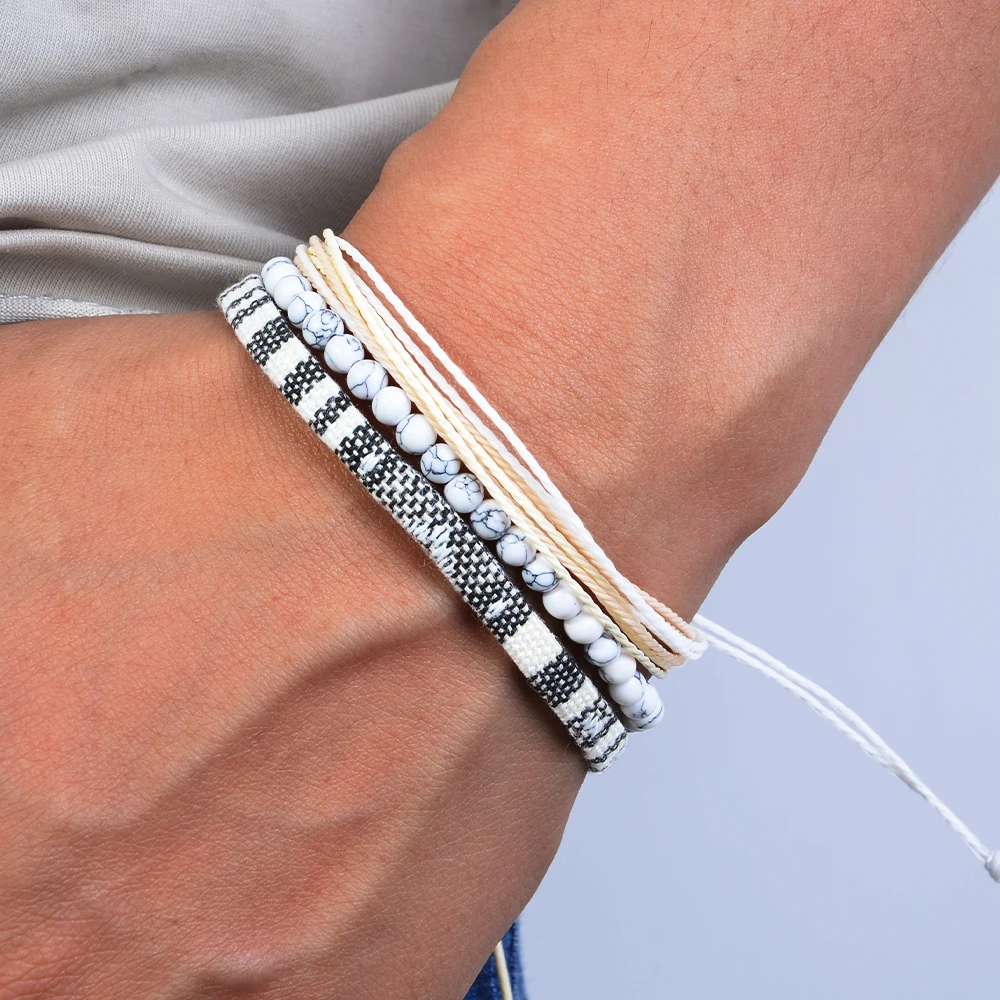 Men's braided bracelet set 3 pcs natural stone couple's bohemian ethnic cotton and linen hand-woven