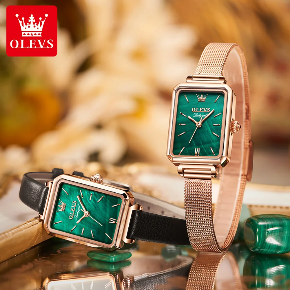 OLEVS Brand Women Wristwatches Bracelet Set Fashion Square Ladies Quartz Watch Waterproof Green Dial Simple Luxury Women Watches