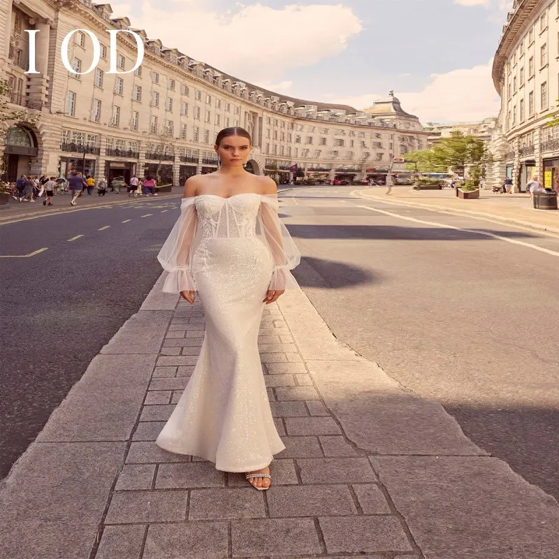 

I OD 2023 Tulle Romantic Wedding Dress Lace Appliques Puff Sleeve Zipper Up Mermaid Chapel Train Mariée Vestido De Novia