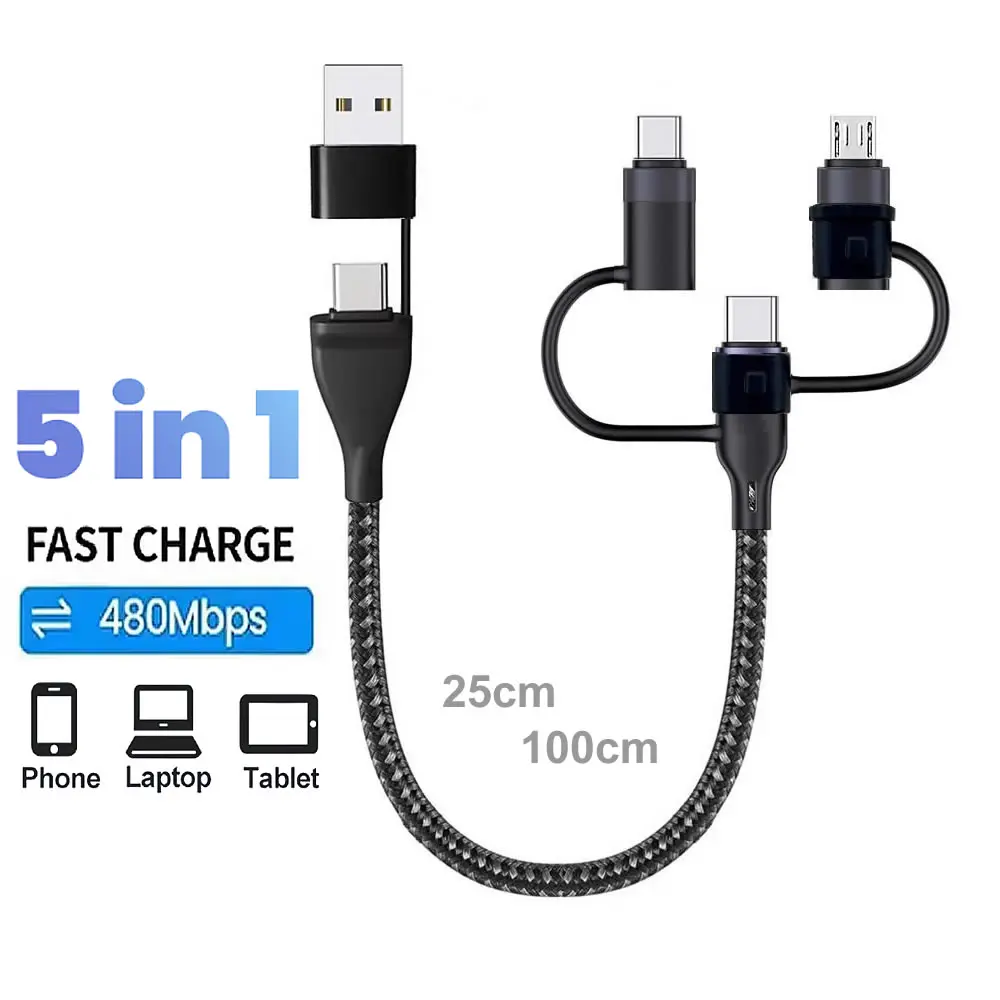 PD 65W 4 5 in 1 USB C Multi Fast Charging Cable Nylon Braided Sync Data Cord USB A/C to Type C/Micro For iPhone Samsung MacBook