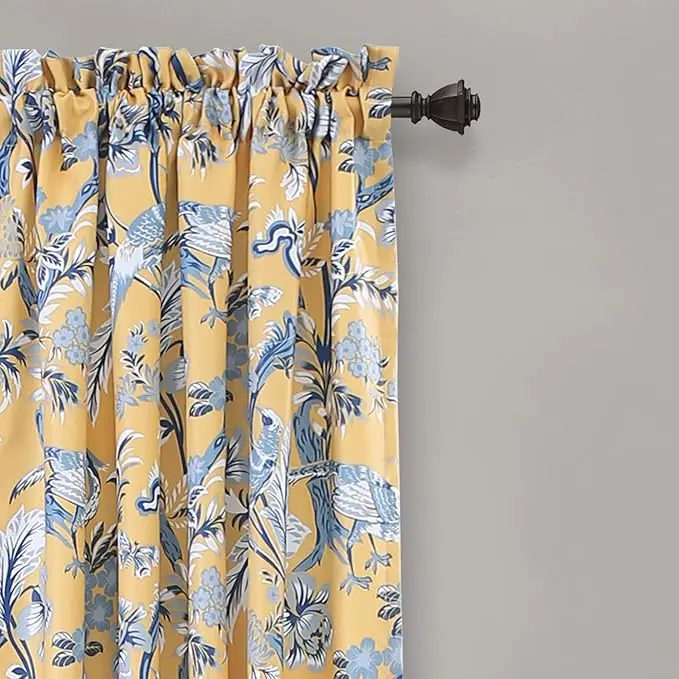 52" W x 84" L Light Filtering Window Panels, Pair, Blue Toile Curtains with Floral Bird Print, Ideal for Grandmillennial, French 4