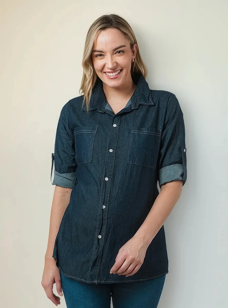 Blusa maternidad mezclilla camisera denim moda juvenil
