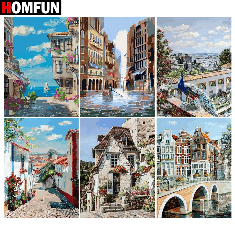 

HOMFUN Diamond Embroidery "Castle Street Scenery" Pattern DIY 5D Diamond Painting Needlework Cross Stitch Full Drill Painting