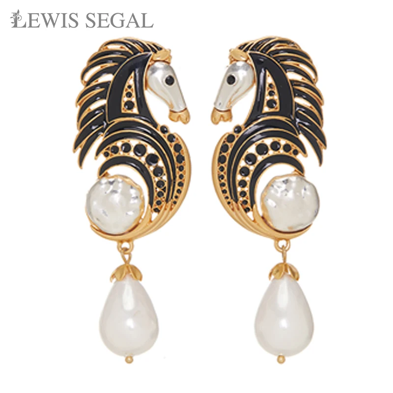 

LEWIS SEGAL Luxury Horsehead Large Pearl Dangling Earrings Animal Vintage Statement Fine Jewelry 18K Gold Plated