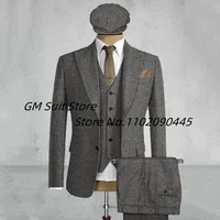 2022Men's 3-piece Suit (Jacket+Vest+Pants) Herringbone Lapel Solid Color Single-breasted Handsome British Style Suitable Wedding 1