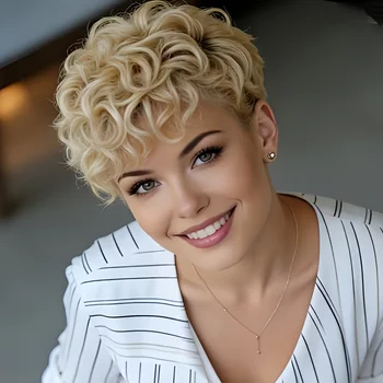 Parrucche in capelli umani biondi 613, stile brasiliano, riccioli morbidi, taglio corto bob pixie con frangia, senza colla, pronte da indossare, a strati, per uso quotidiano.