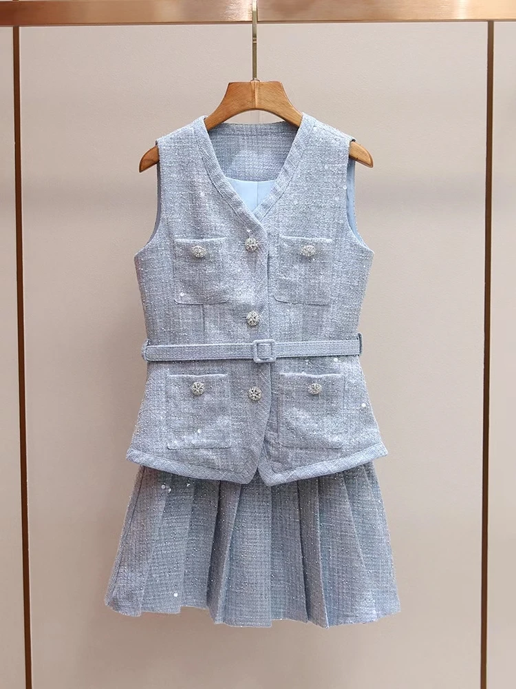 

Elegant High Quality Skirt Sets 2024 For Women Sequins Sleeveless Plaid V-neck Lace-up Solid Mini Holiday Party Club Summer