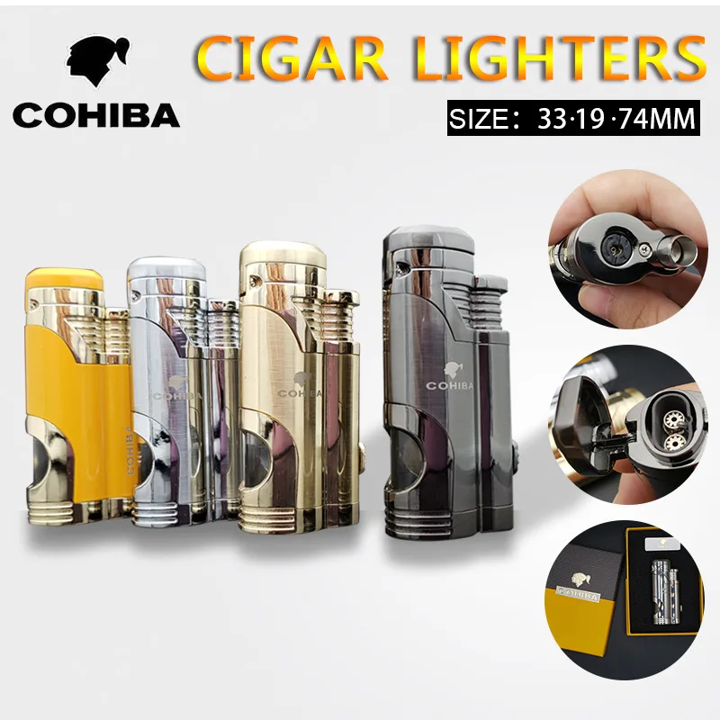 

COHIBA New Metal Creative Double Torch Direct Blue Flame Butane Gas High Temperature Resistant Cigar Scissor Lighter Gift Box